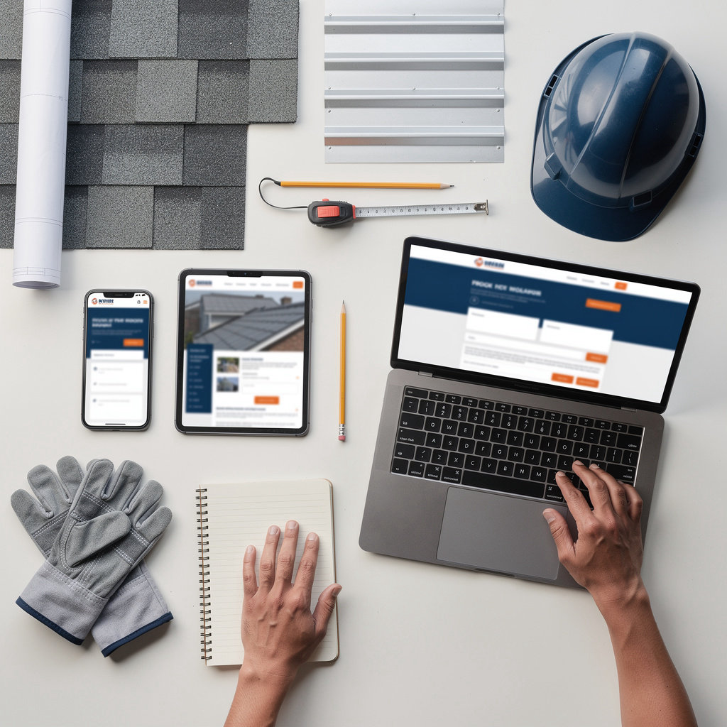 WebZum roofing website builder dashboard showing multi-page site editor with AI chatbot and custom images