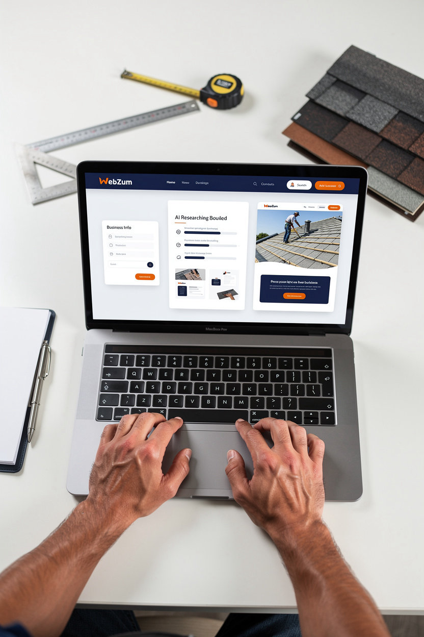 WebZum AI website builder process - roofing contractor describes business in seconds, AI builds complete website in minutes with custom images and SEO optimization